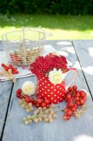 Red and white currants with polka dot jug on wooden table