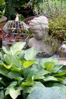 Hostas in pots with bust - Scheper Town Garden 
