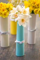Bunches of Daffodils wrapped in card tubes - Narcissus 'Brideshead' (blue), 'Golden Dawn', (cream), 'Warleggan' and 'White Lion' (yellow)