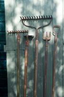 Old garden tools against painted shed door