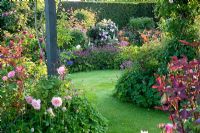 Herbaceous border with roses, plants inc Digitalis purpurea 'Alba', Astrantia 'Hadspen Blood', Rosa 'Comte de Chambord' 