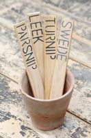 Oak plant labels with stencilled names of vegetables in flowerpot on rustic table 