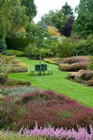 Flowerbeds planted with heather. The Garden at The Bannut, Bringsty, Herefordshire