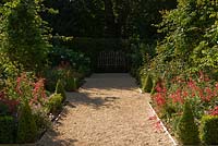 The Rose Garden below the castle, uses penstemons and roses in the box edged beds with roses trained around obelisks in their centres