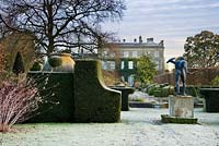 Winter frost in Highgrove Garden, looking towards the House, Borghese Gladiator and Thyme Walk. December 2007.     