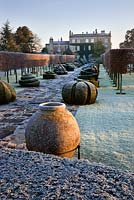 Yew topiary, the Thyme Walk and The House with frost, Highgrove Garden, December,2008. 