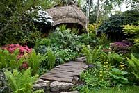 A woodland garden with thatched structure and path through borders of acid loving plants 