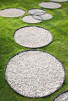 Round stepping stones in lawn 