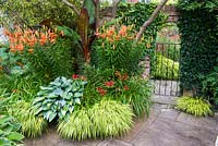 Arched gateway through a red brick wall toward the island bed with Hakonechloa, Verbena bonariensis and grasses. Hosta 'Striptease' and Hosta 'Captain Kirk' 