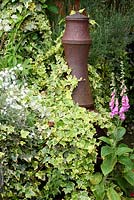 Rusted Chiminea on patio in back garden with Hedera and Digitalis - The Lizard, Wymondham, Norfolk