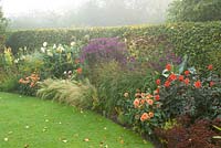 The late season border on a misty autumn morning including dahlias, asters, cannas and Stipa tenuissima
