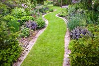 Curved grass path between borders with planting of Sedum 'Xenox', Taxus baccata, Iris and Geranium