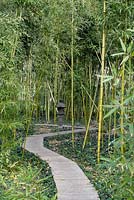 Wooden pathway through Bamboos with a stone lantern