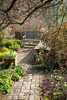 Spring at Glebe Cottage. Brick path, wooden bench, Narcissus 'W.P. Milner' in pots and borders