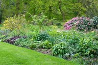 Spring border with Rhododendron, Magnolia, Hyacinthoides, Heuchera and Brunnera and woodland beyond - Abbeywood Gardens, Cheshire