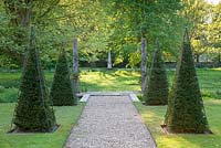 Clipped Yew obelisks and gravel path at Wretham Lodge, Norfolk
