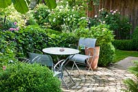 Modern garden chairs and table on a small patio. Plants include Buxus, Hedera helix and Hydrangea macrophylla