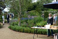 Plant and Jam stall with visitors enjoying border planting on an Open Garden Day - Bays Farm NGS, Forward Green, Suffolk