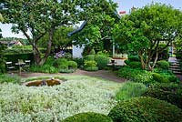 Garden with planting of Antennaria dioica, Apple and Plum trees, Buxus and Taxus topiary, Artemisia 'Silver queen', Brunnera, Lavender, Veronica spicata, Anaphalis, Vinca minor, Stachys lanata and Acaena - Ulla Molin