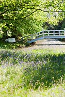 Decorative bridge and boat in woodland garden - Selehurst, Sussex