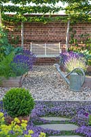 Bench between lavender in raised beds and thyme path