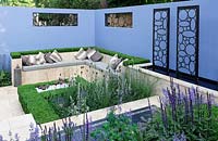 Contemporary courtyard garden with sunken seating area - Layers and Links RHS Hampton Court flower show 2013 Design -  Raine Garden design