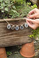 Creating label for Herb box using metal plates. Herbs include Oregano 'Greek', Marjoram 'Compact', Sage 'Tricolor', Lemon Grass, Indian Mint, Chive and Hyssop