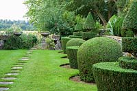 Topiary garden features clipped box shapes either side of a lawn with circular stepping stones leading southwards to the White Borders.