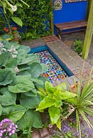 Hosta planted next to mosaic pool in a small town garden - Brighton 