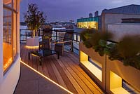 Roof terrace lit up at night with chairs, table, containers planted with Bergenia Ciliata 'Dumbo' and Carex 'Prairie Fire' 
