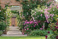 View of a walled rose garden. 