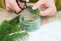 Cutting christmas tree branch into small cuttings.