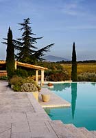 The swimming pool with vineyards and view onto Mount Ventoux. Provence, France, Domaine de la Verriere
