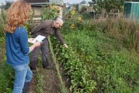 Planning a vegetable plot, people in garden with notebook