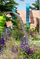 Delphinium planted in garden with waterfeature. The Ecover Garden. RHS Hampton Court Flower Show 2013