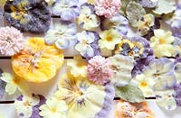 A mixture of crystalised flowers - pansy, viola, cornflower, borage and primula