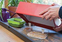 Placing box over seeds to prevent them turning green, or sprouting too soon. 
