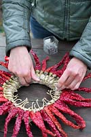Woman attaching dried red chillis to a wreath