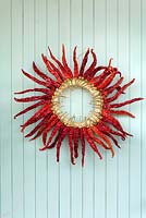 Wreath made with dried chillis hanging on a wooden wall