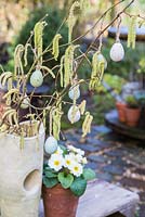 Easter display with Eggs hanging from a branch of Hazel