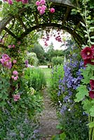 Garden view with Alcea, Clematis and Roses