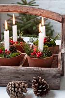 Candles in decorated terracotta pots with moss and berries in wooden trug.