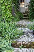 Geranium flowers covering old stone steps at Chateau in France