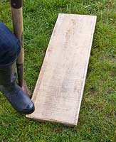 Putting wooden board into lawn as a stepping stone
