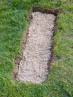 Cement in hole in lawn for wooden board used as a stepping stone