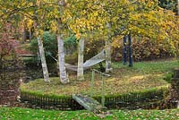 Hammock suspended from Betula Jermyns trees on island with wooden bridge - autumn 