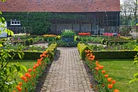 The cutting garden with brick path surrounded by tulip 'Ballerina', tulips in box edged beds, copper container planted with tulip 'Queen of Night'