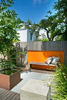 Modern contemporary garden in Brighton with decking, orange panels on walls, Metal water feature, wooden bench, Ophiopogon and Aralia. 