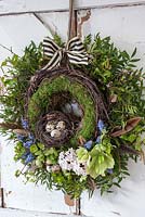 Easter wreath with nest of eggs and spring flowers - blossom, muscari and hellebores