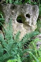 Ornamental eroded holey stone with ferns. Seend, Wiltshire
